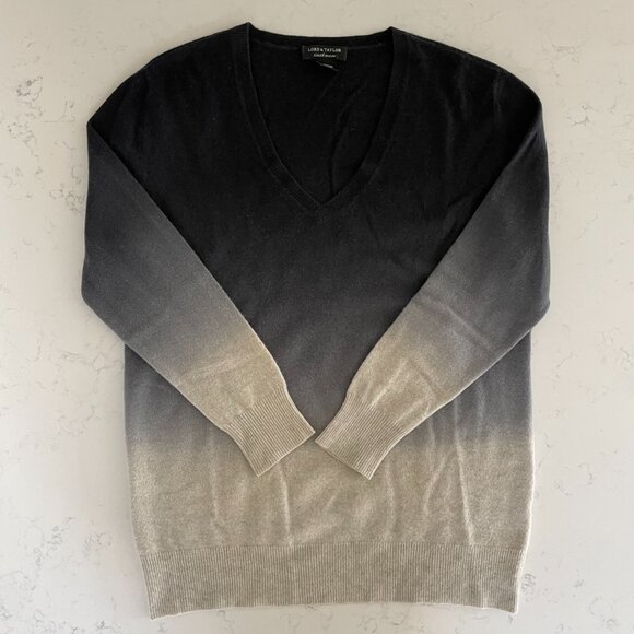 Lord & Taylor Cashmere LS V Neck Ombre 100% Cashmere Sweater Grey Cream XS NWOT - Picture 7 of 13